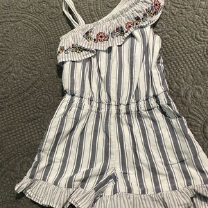 Janie and Jack White and Blue Striped Jumpsuit with Ruffles